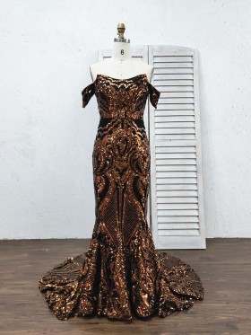 gold sequin with black lining off the shoulder prom dress