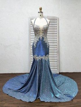 space color glitter with beaded lace applique mermaid long prom dress