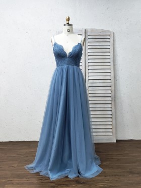 Dusty blue lace and tulle A line long bridesmaid dress Dusty blue lace and tulle A line long bridesmaid dress