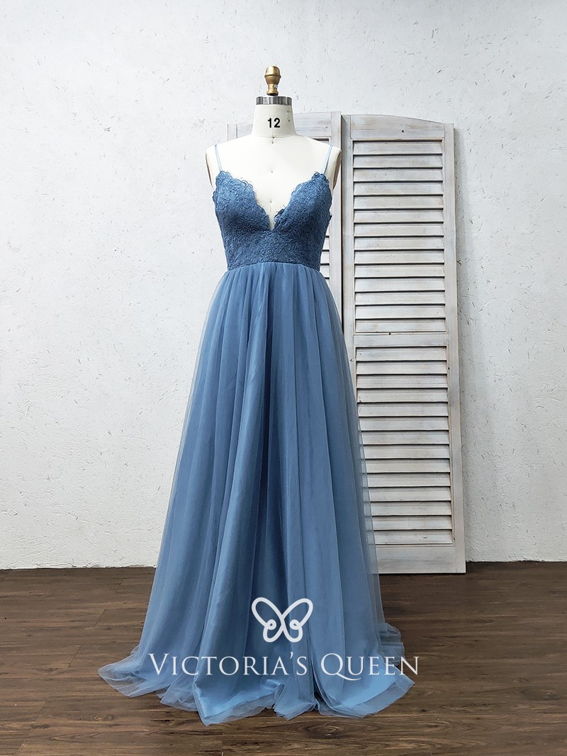 Dusty blue lace and tulle A line long bridesmaid dress