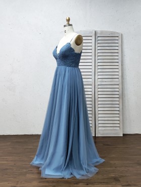 Dusty blue lace and tulle bridesmaid dress with spaghetti straps