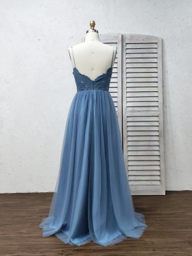 Dusty blue lace and tulle low back long bridesmaid dress
