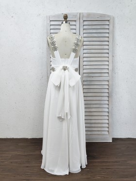 beaded white chiffon beach wedding dress