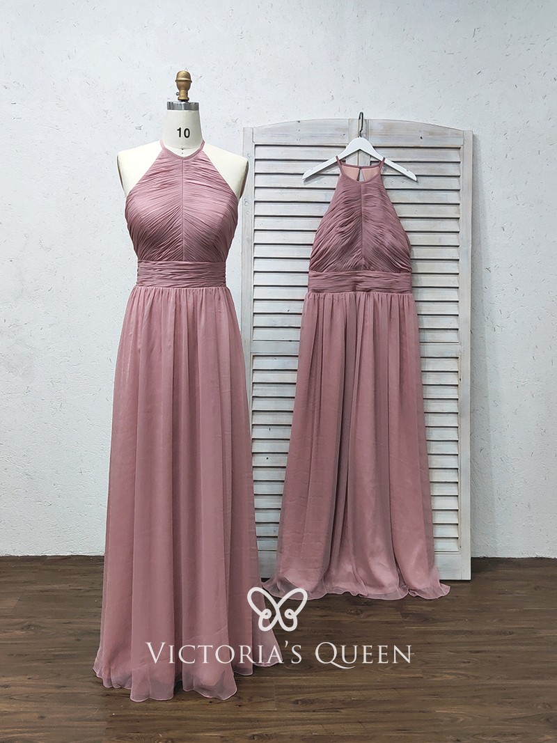 canyon rose crepe halter A line long bridesmaid dress