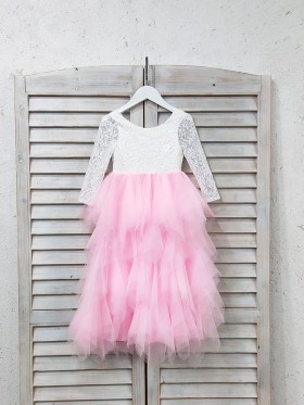 white lace and pink tulle long sleeve flower girl dress