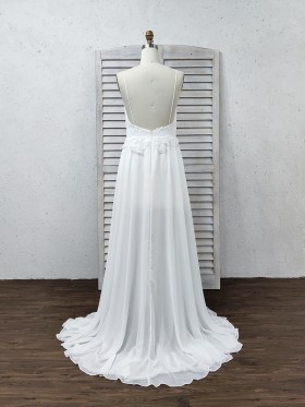 white lace and sheer chiffon backless wedding dress with spaghetti straps