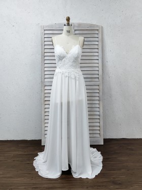 white lace and sheer chiffon summer wedding dress with thigh high slit white lace and sheer chiffon summer wedding dress with thigh high slit