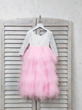 white lace and tiered pink tulle flower girl dress
