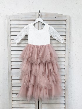 white lace and vintage mauve tulle tiered ruffled flower girl dress
