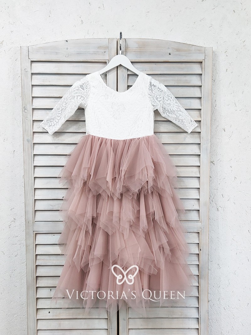 VQ White Lace and Colorful Tiered Tulle Flower Girl Dress