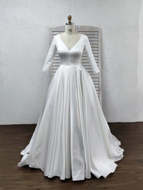 white satin V neck three quarters sleeve ball gown wedding dress white satin V neck three quarters sleeve ball gown wedding dress