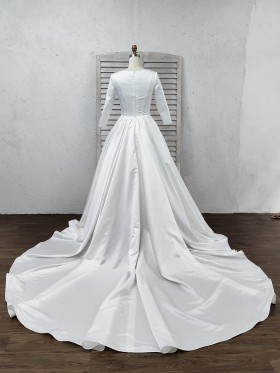 white satin bridal ball gown with cathedral train
