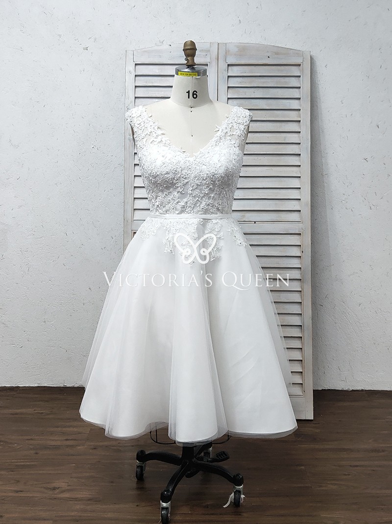 Beaded Short Lace Cap Sleeve Wedding Dress