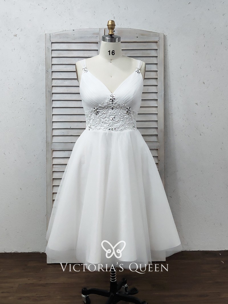 beaded V neck with straps tea length tulle bridal gown