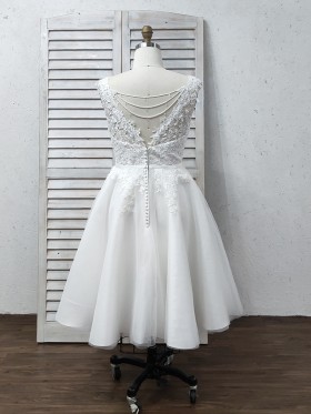 pearls beaded lace back knee length short bridal dress