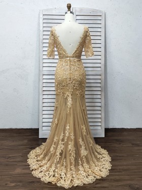 low V back brown lace long formal gown low V back brown lace long formal gown