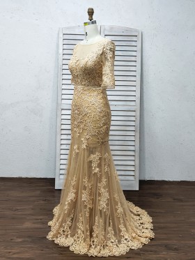 mermaid champagne brown lace dress with half sleeves
