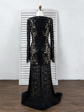 closed back long sleeve black lace mermaid long prom dress closed back long sleeve black lace mermaid long prom dress