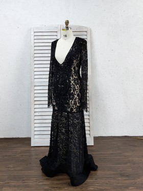 plunging neckline long sleeve black lace unique prom dress