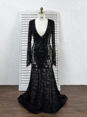 unique beaded black lace with nude lining long prom dress