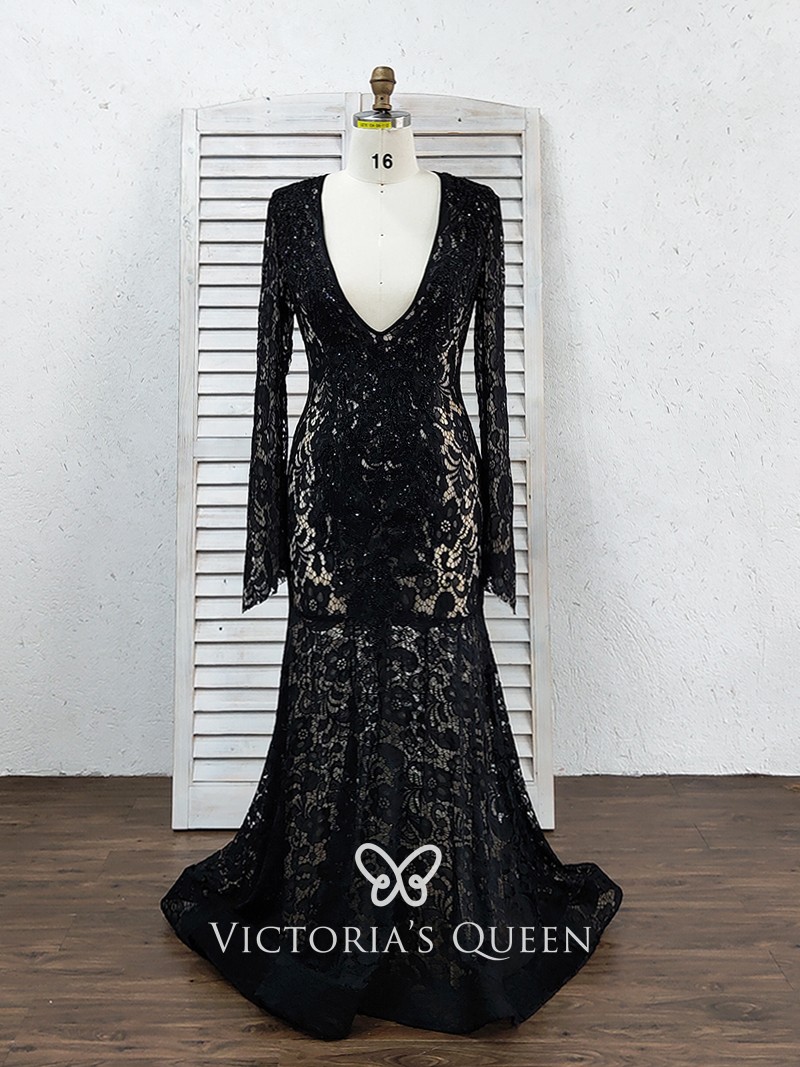 unique beaded black lace with nude lining long prom dress