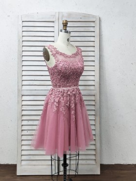 illusion scoop neckline pink lace and tulle short party dress illusion scoop neckline pink lace and tulle short party dress