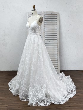 deep V neckline white lace wedding gown deep V neckline white lace wedding gown