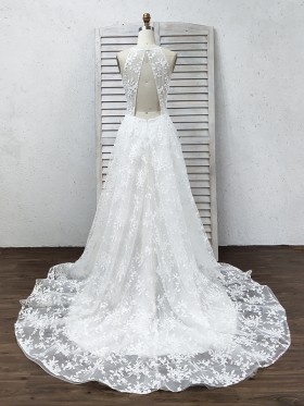 triangle open back floral white lace long train bridal gown triangle open back floral white lace long train bridal gown