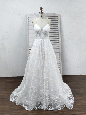 white floral lace V neck with straps A line bridal gown