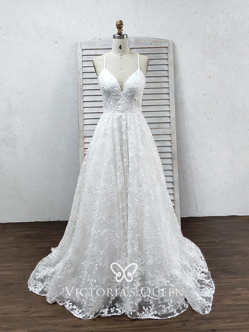 white floral lace V neck with straps A line bridal gown