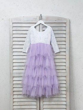 white lace and lilac tulle tiered flower girl dress