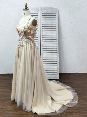 3D flowers nude evening dress