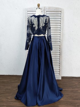 dark navy lace and satin two piece A line dress