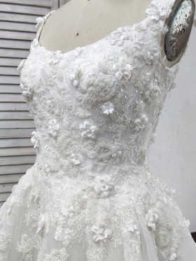 delicated sequin and pearl embellished flowers bridal gown