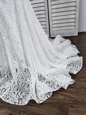 flounced train white lace wedding dress