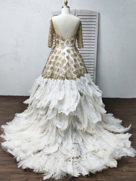gold beaded ostrich hair floor length gown