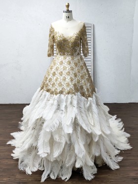 gold beading ostrich hair formal ball gown