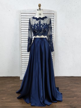illusion lace long sleeve two piece satin formal dress