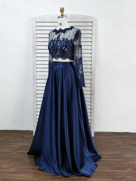 illusion lace long sleeves and satin bottom two piece dress illusion lace long sleeves and satin bottom two piece dress
