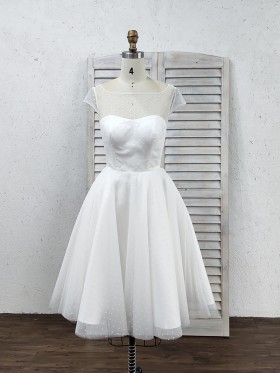lovely polka dot white tulle cap sleeve short bridal gown