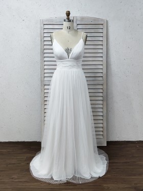 pleated ivory tulle V neck A line outdoor bridal dress pleated ivory tulle V neck A line outdoor bridal dress