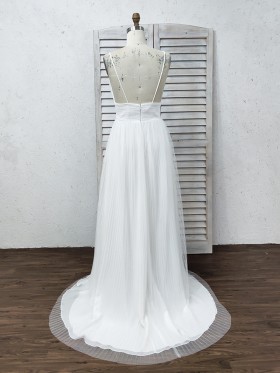 pleated ivory tulle low back A line bridal dress