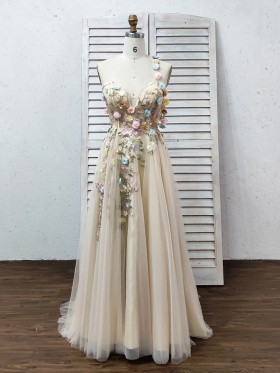 romantic 3D flowers embellished nude evening dress romantic 3D flowers embellished nude evening dress