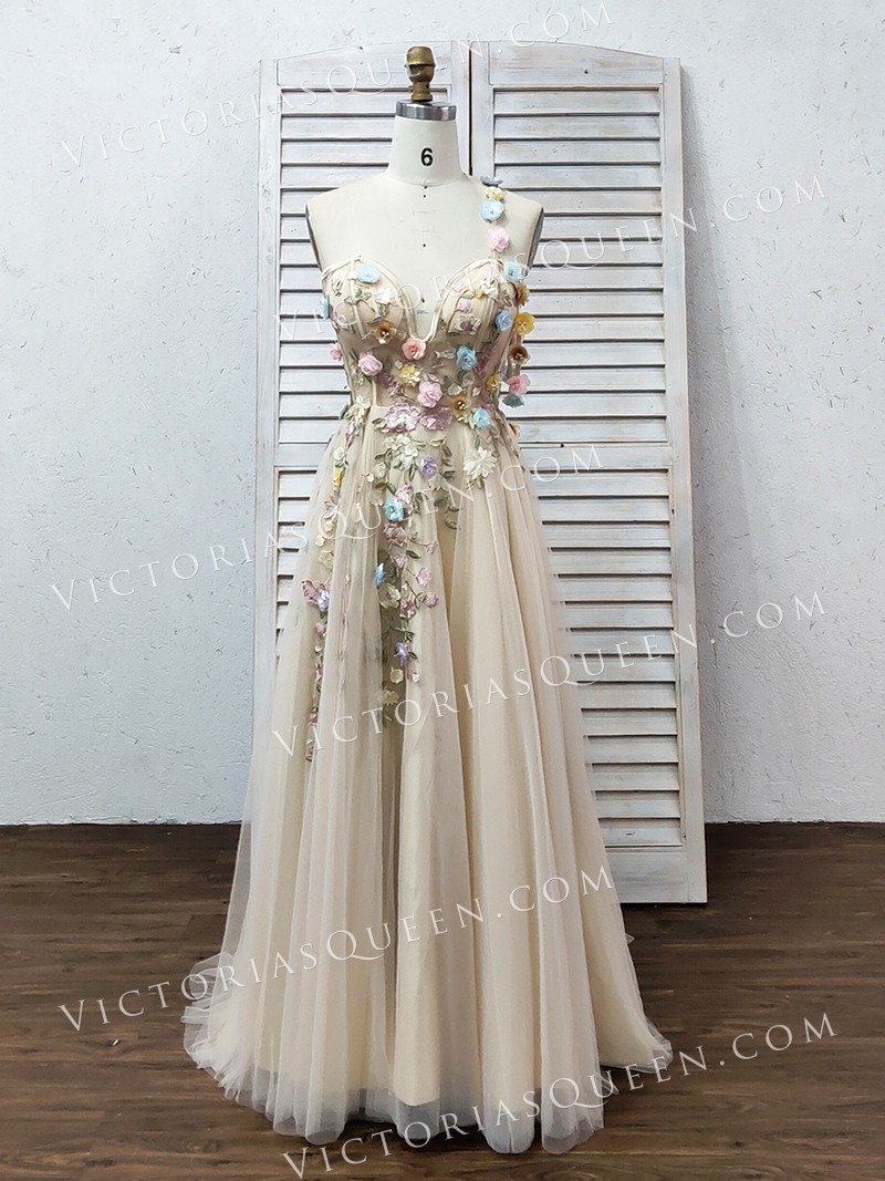 romantic 3D flowers embellished nude evening dress