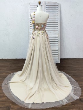 romantic 3D flowers nude satin and tulle evening dress romantic 3D flowers nude satin and tulle evening dress