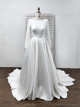 white jersey and satin ball gown wedding dress