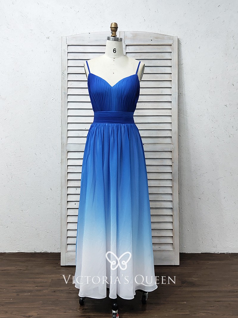 blue to white ombre chiffon curved V neck A line long bridesmai dress