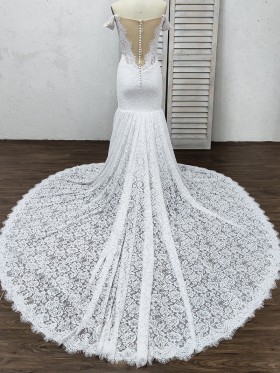 illusion back lace wedding gown with chapel train