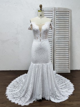 off the shoulder illusion lace mermaid long wedding dress