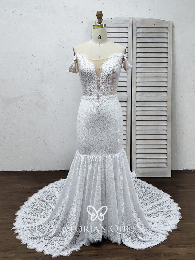 off the shoulder illusion lace mermaid long wedding dress